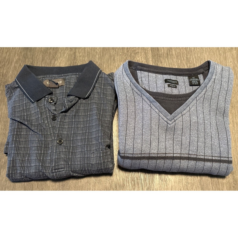 2 Van Heusen Men's Shirts Gray/black Plaid S Sleeve & Gray Stripes L Sleeve XLT